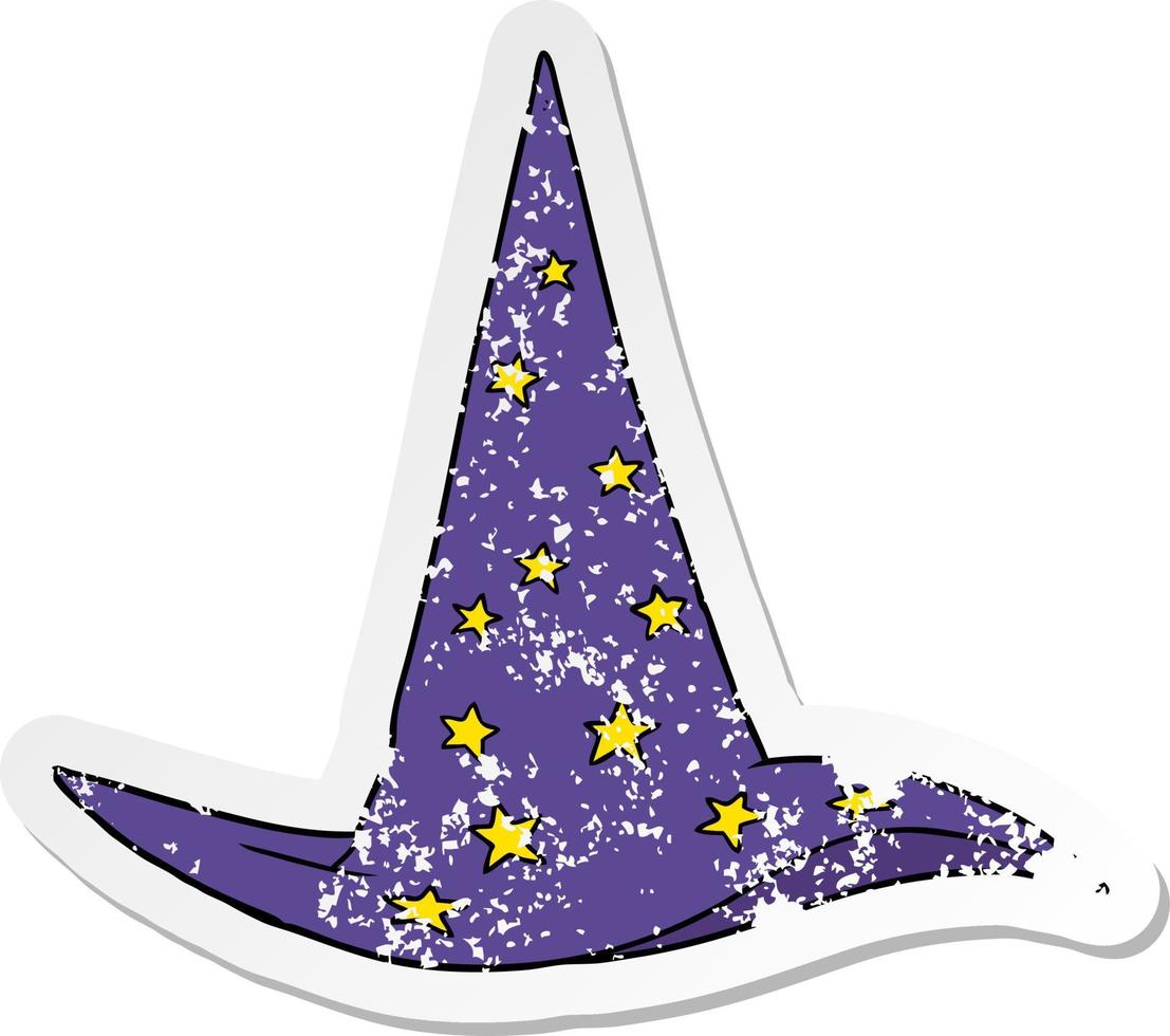 distressed sticker of a cartoon wizard hat vector