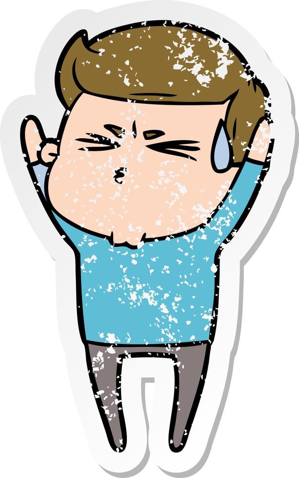 distressed sticker of a cartoon man sweating vector