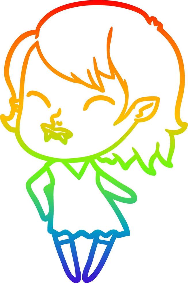 rainbow gradient line drawing cartoon vampire girl with blood on cheek vector