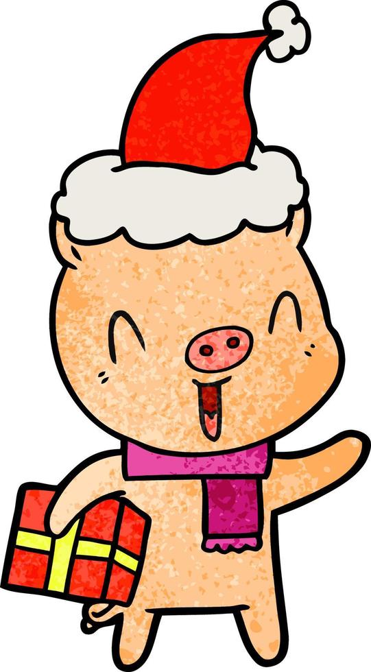 happy textured cartoon of a pig with xmas present wearing santa hat vector