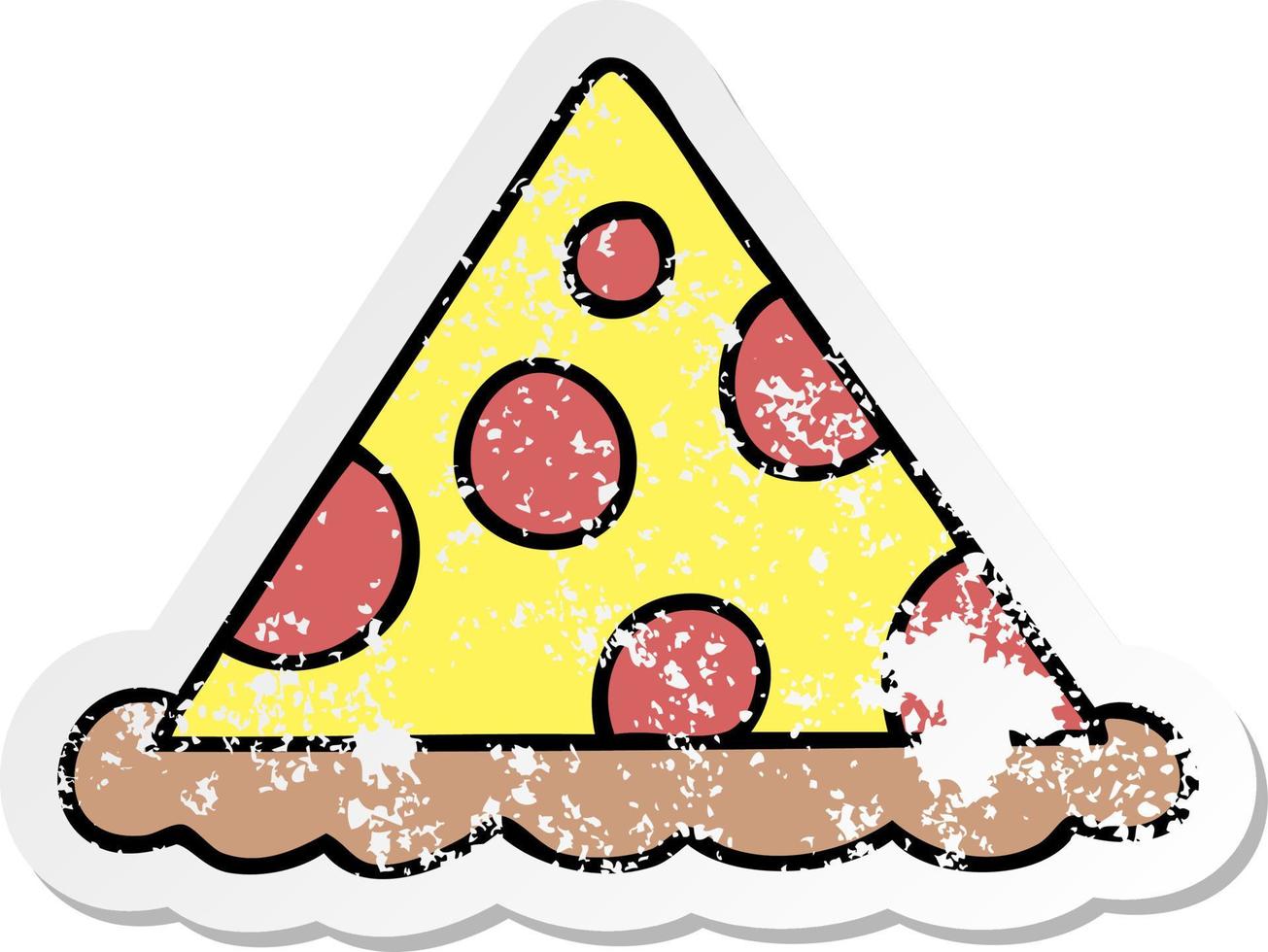 distressed sticker of a quirky hand drawn cartoon slice of pizza vector