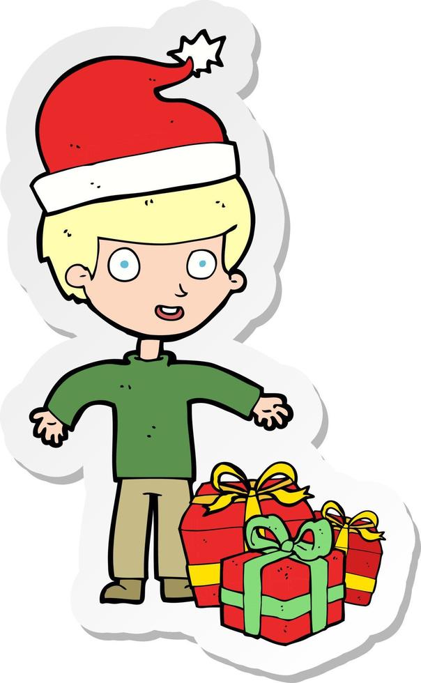 sticker of a cartoon boy with present vector