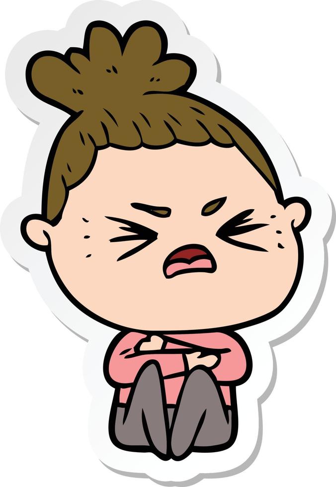 sticker of a cartoon angry woman vector