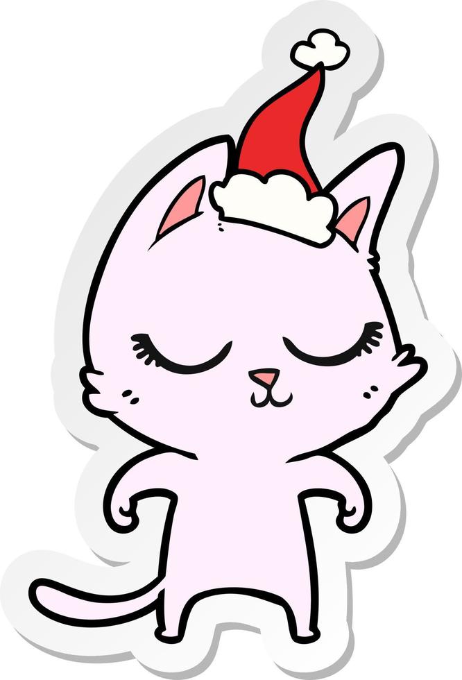 calm sticker cartoon of a cat wearing santa hat vector