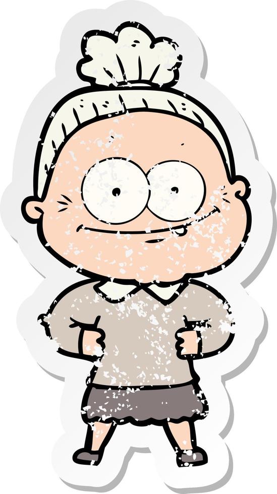 distressed sticker of a cartoon happy old woman vector