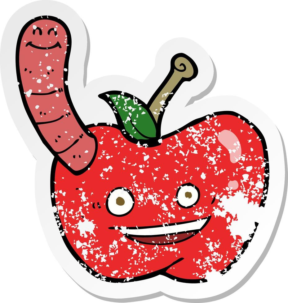 pegatina retro angustiada de una caricatura de manzana con gusano vector