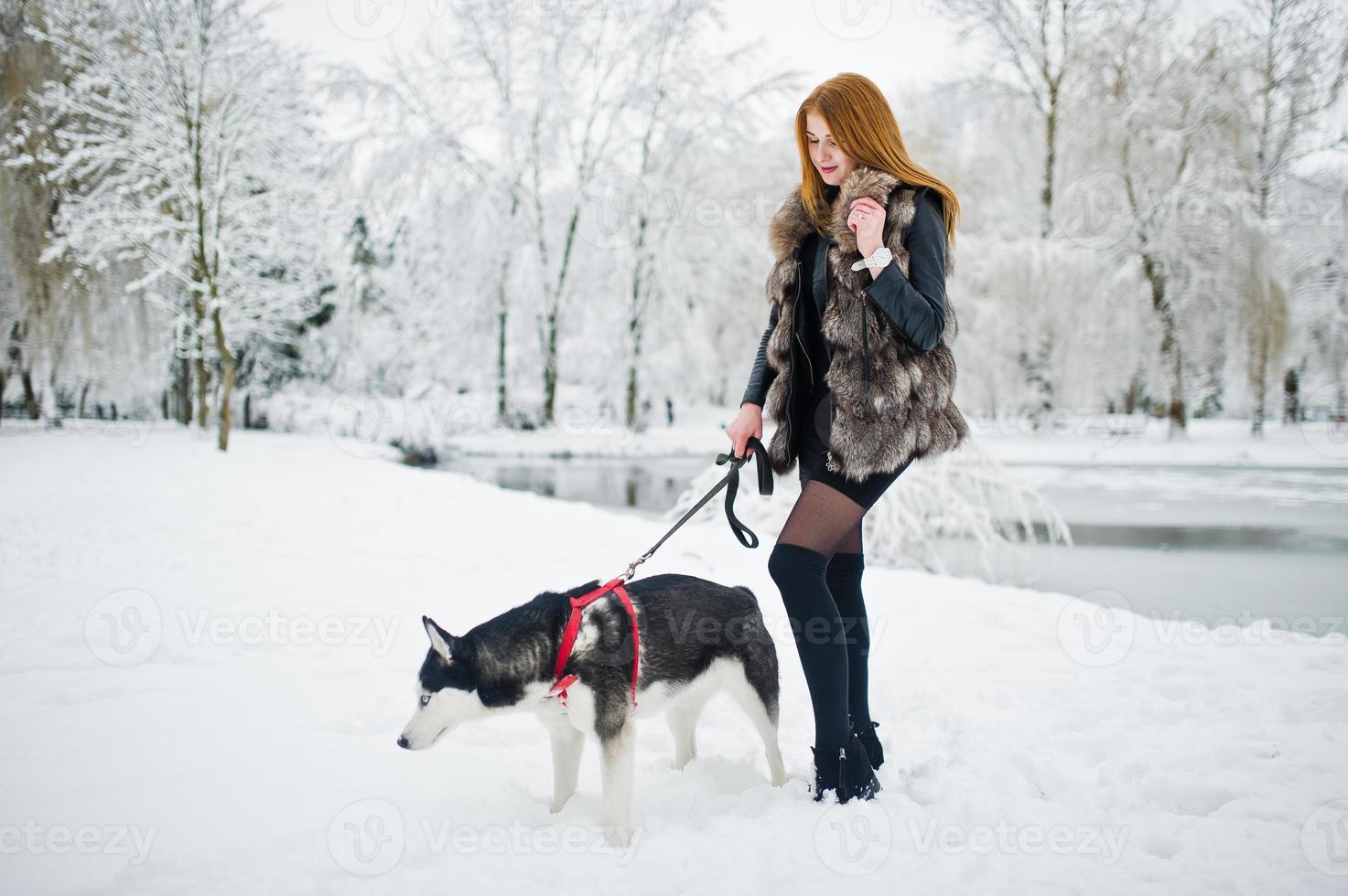 chica pelirroja caminando en el parque con perro husky en día de invierno. foto