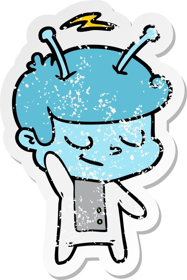 distressed sticker of a friendly cartoon spaceman vector