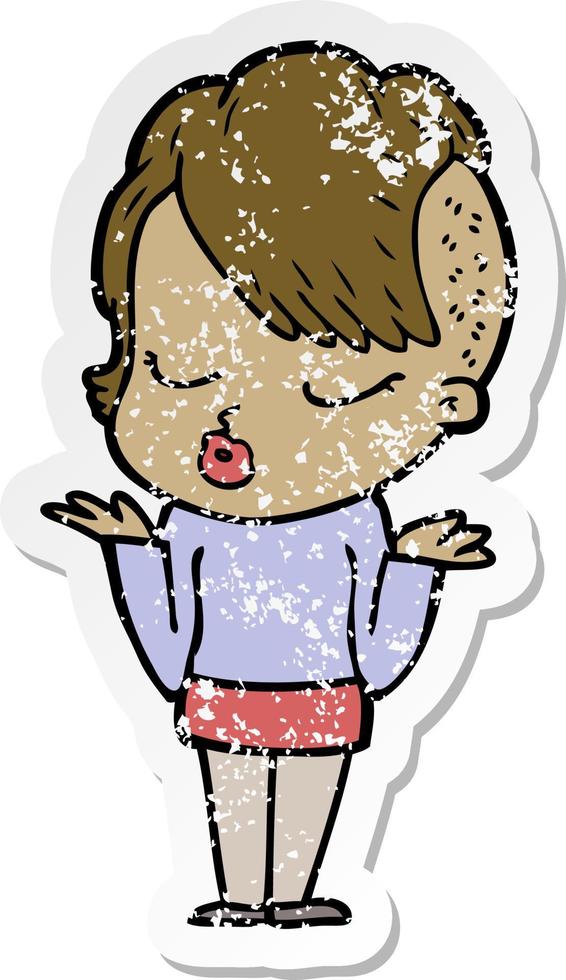 distressed sticker of a cartoon pretty hipster girl vector