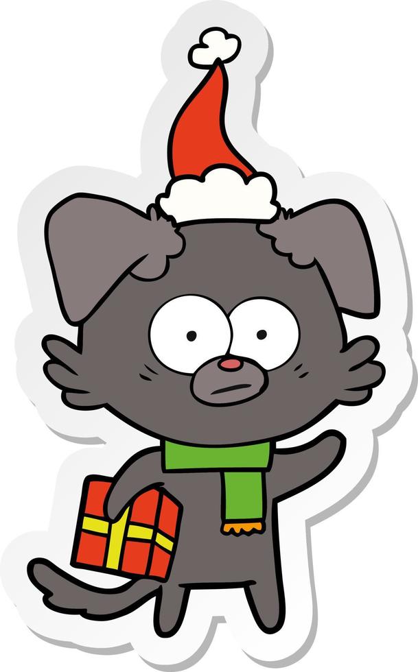 nervous dog sticker cartoon of a with gift wearing santa hat vector