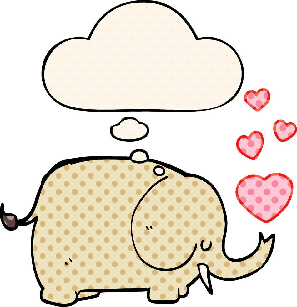 lindo elefante de dibujos animados con corazones de amor y burbujas de pensamiento al estilo de las historietas vector