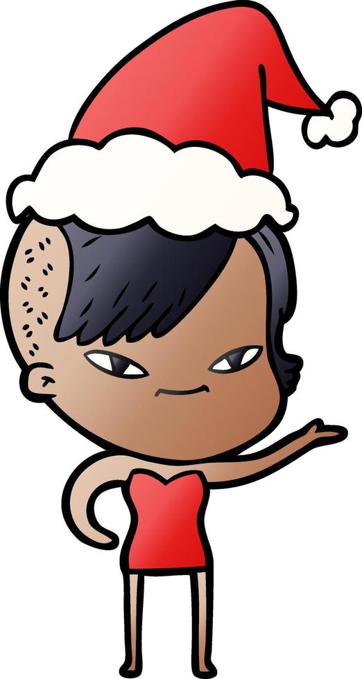 cute gradient cartoon of a girl with hipster haircut wearing santa hat vector