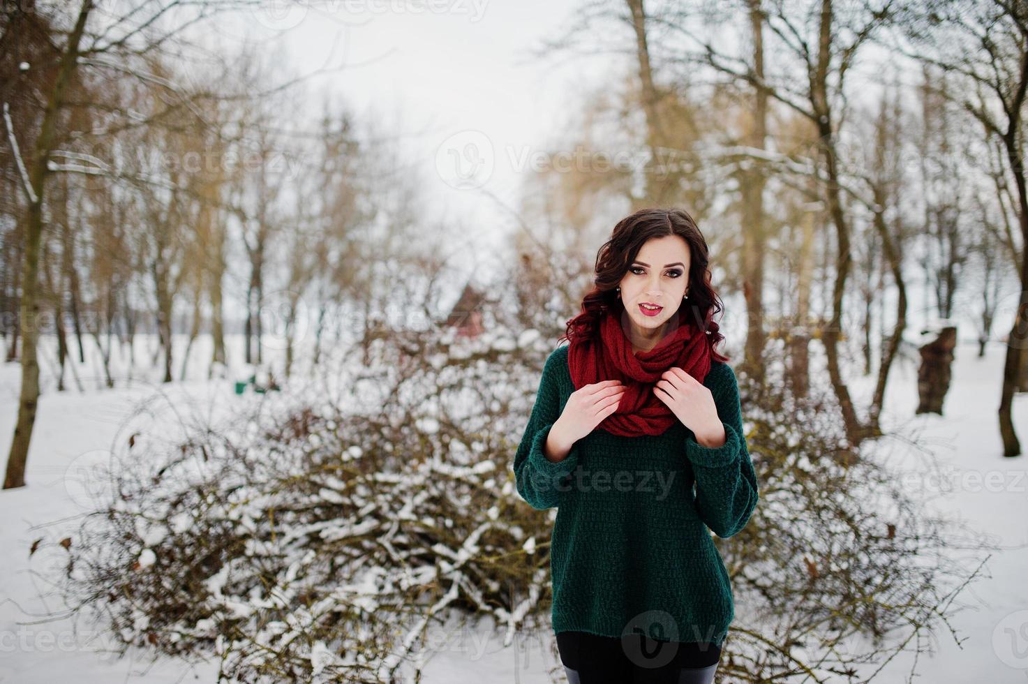 chica morena en suéter verde y bufanda roja al aire libre en el día de invierno por la noche. foto