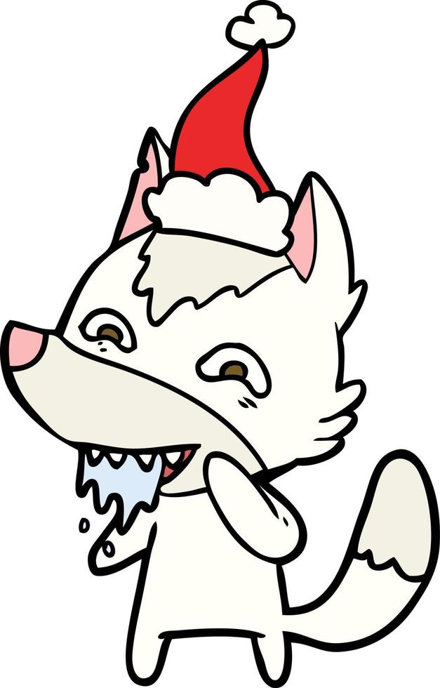 line drawing of a hungry wolf wearing santa hat vector