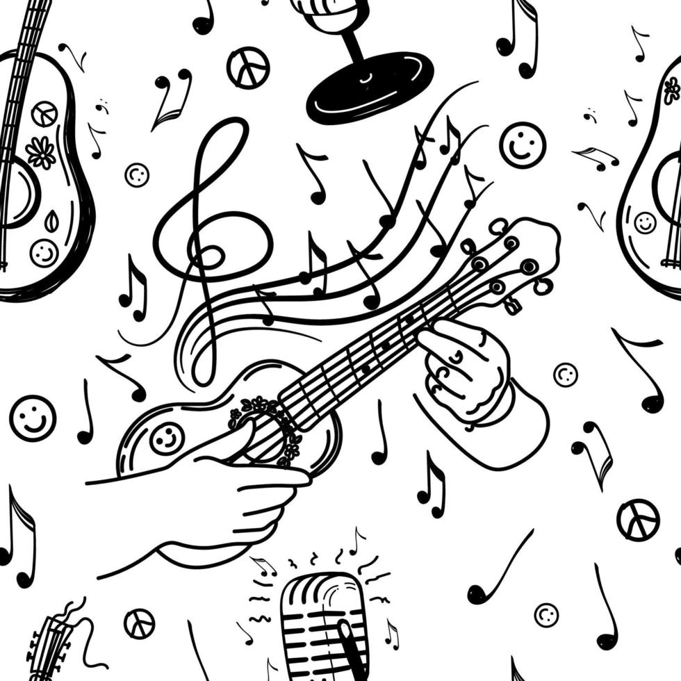 Seamless pattern of musical elements, hand-drawn doodle. Ukulele. Microphone. Little guitar. Hawaii. Flying notes. Music. Inspiration. Fingering with fingers. Black and white background vector