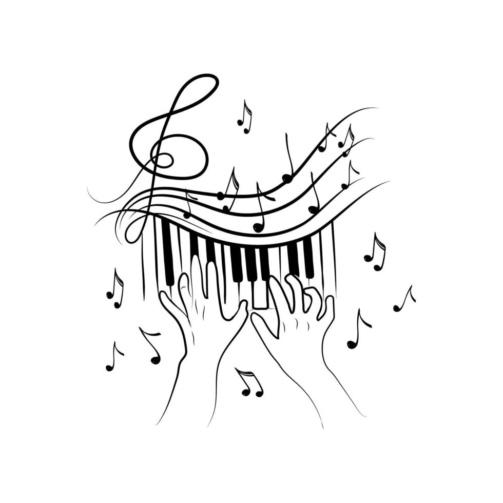 The concept of inspired piano playing, a hand-drawn doodle. Keys. Violin key and flying notes. Music. Inspiration. The pianist's hands. Isolated vector illustration on white background