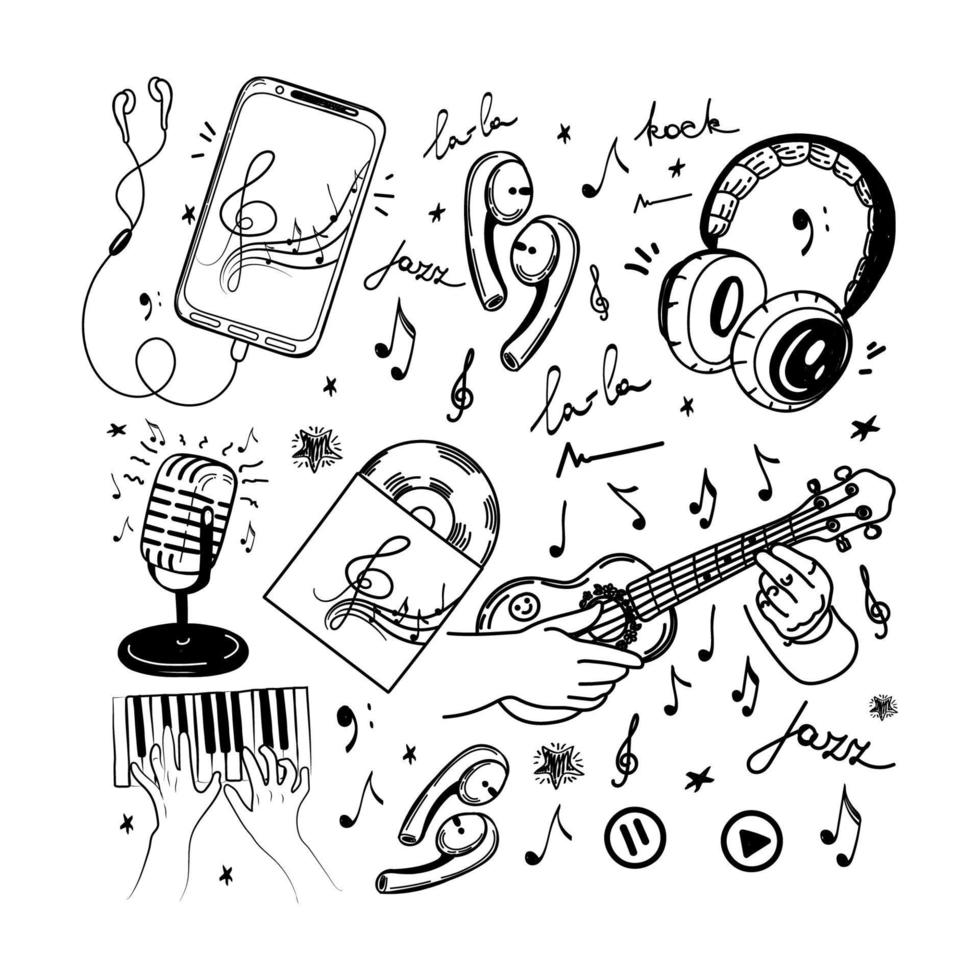 un conjunto de elementos musicales dibujados a mano en estilo boceto. guitarra o ukelele, piano. auriculares, micrófonos, cds, audio, vinilo, tecla de violín con notas e íconos de grabación. ilustración vectorial aislada. vector