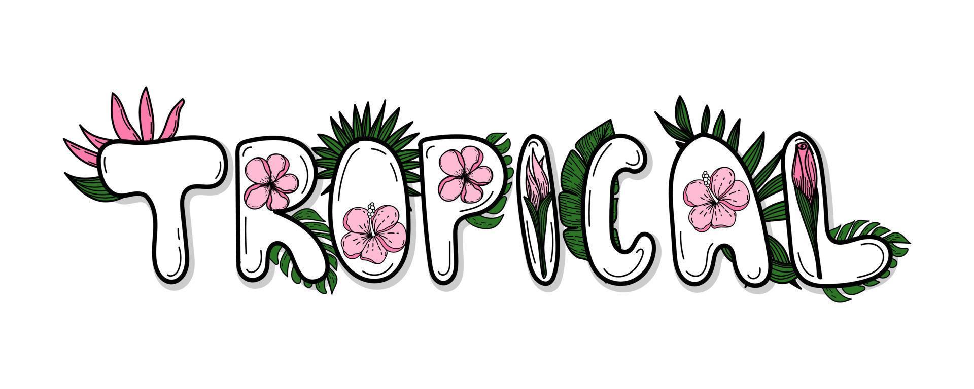 Stylized handwritten inscription decorated with strelitzia and hibiscus flowers, tropical palm leaves, monstera. Summer. Tropics. Bright vector illustration