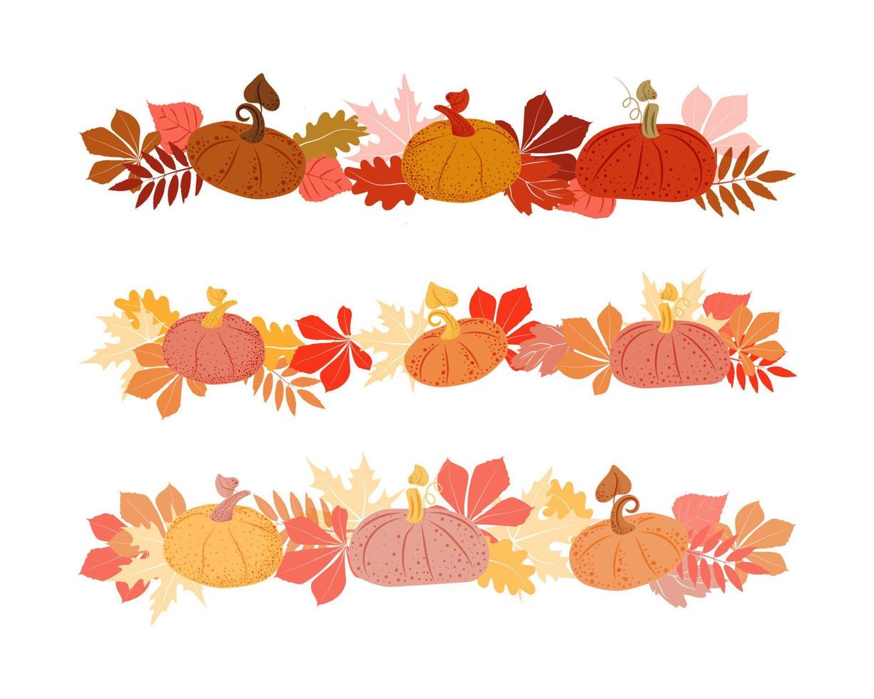 Hand-drawn boarder with pumpkins and autumn leaves. Gradient from bright colors to pastels. Autumn. Tree leaves. Vegetable decor element. Simple vector illustration