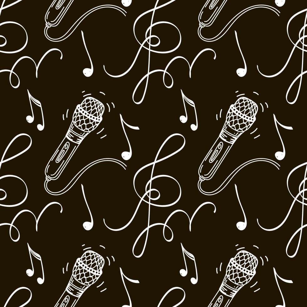 Seamless drawing of a microphone, music key, and notes. Hand-drawn doodle elements. on black background. Music pattern, vector illustration