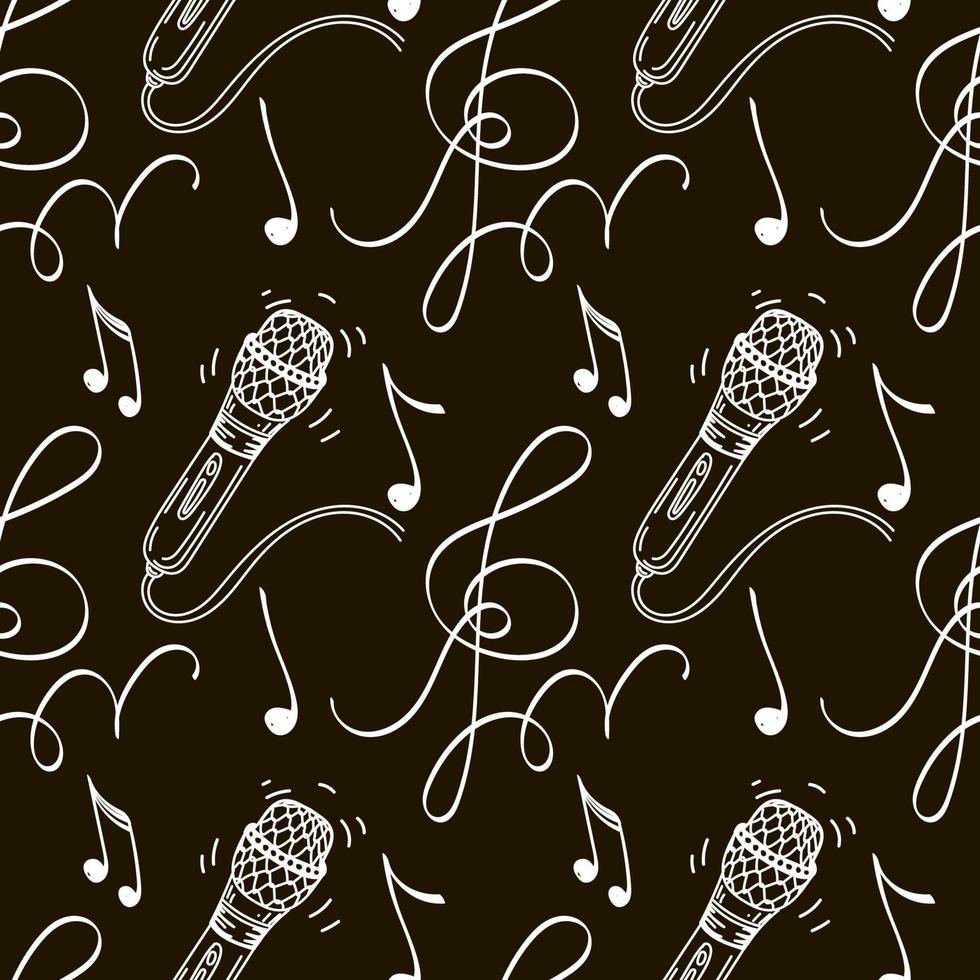 Seamless drawing of a microphone, music key, and notes. Hand-drawn doodle elements. on black background. Music pattern, vector illustration