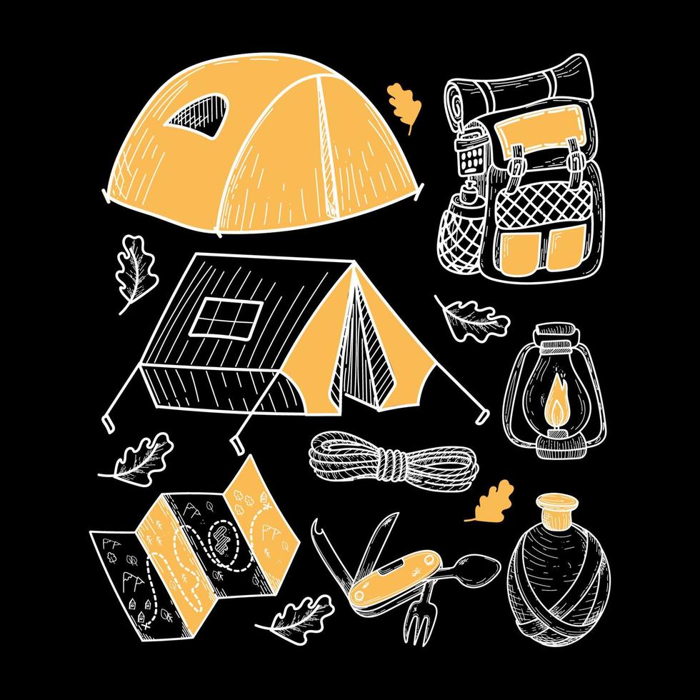 Camping kit with hand-drawn doodle-style elements. Tents, terrain map, backpack, flashlight, water flask, etc. Items for tourism and recreation. Isolated element on a black background vector