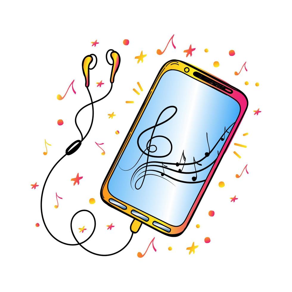 A smartphone with headphones, hand-drawn in doodle-sketch style. A device for listening to music. Vector in a simple cartoon style. Isolated elements on white background
