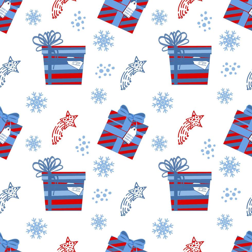 A seamless pattern of holiday gifts, snowflakes, and drawn abstract patches. Hand-drawn doodles in a flat style. Christmas and New Year's Eve. Winter. Holiday Wrapping vector