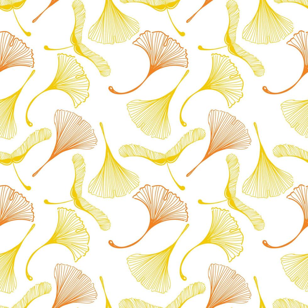 A seamless pattern of ginkgo and maple leaves in a sketchy style. Orange leaves on b background. Leaves in the shape of a duck's foot. Autumn. Mystical leaf skeletons vector