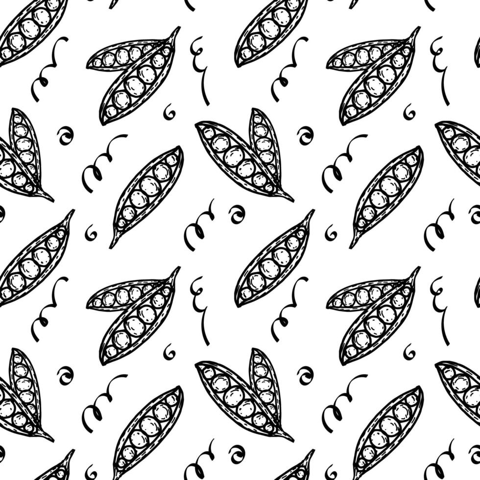 Seamless pattern of green peas and spots, hand-drawn doodle in sketch style. Vegetables. Spring. Summer vector