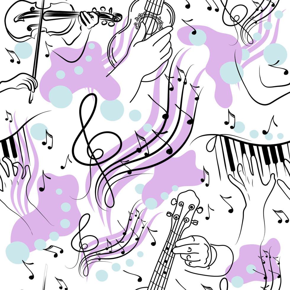 Seamless pattern of hands with musical instruments, hand-drawn doodle. Ukulele. Violin. Piano. Abstract line and spots. Violin key. A little guitar. Flying notes. Music. Inspiration. Fingering vector