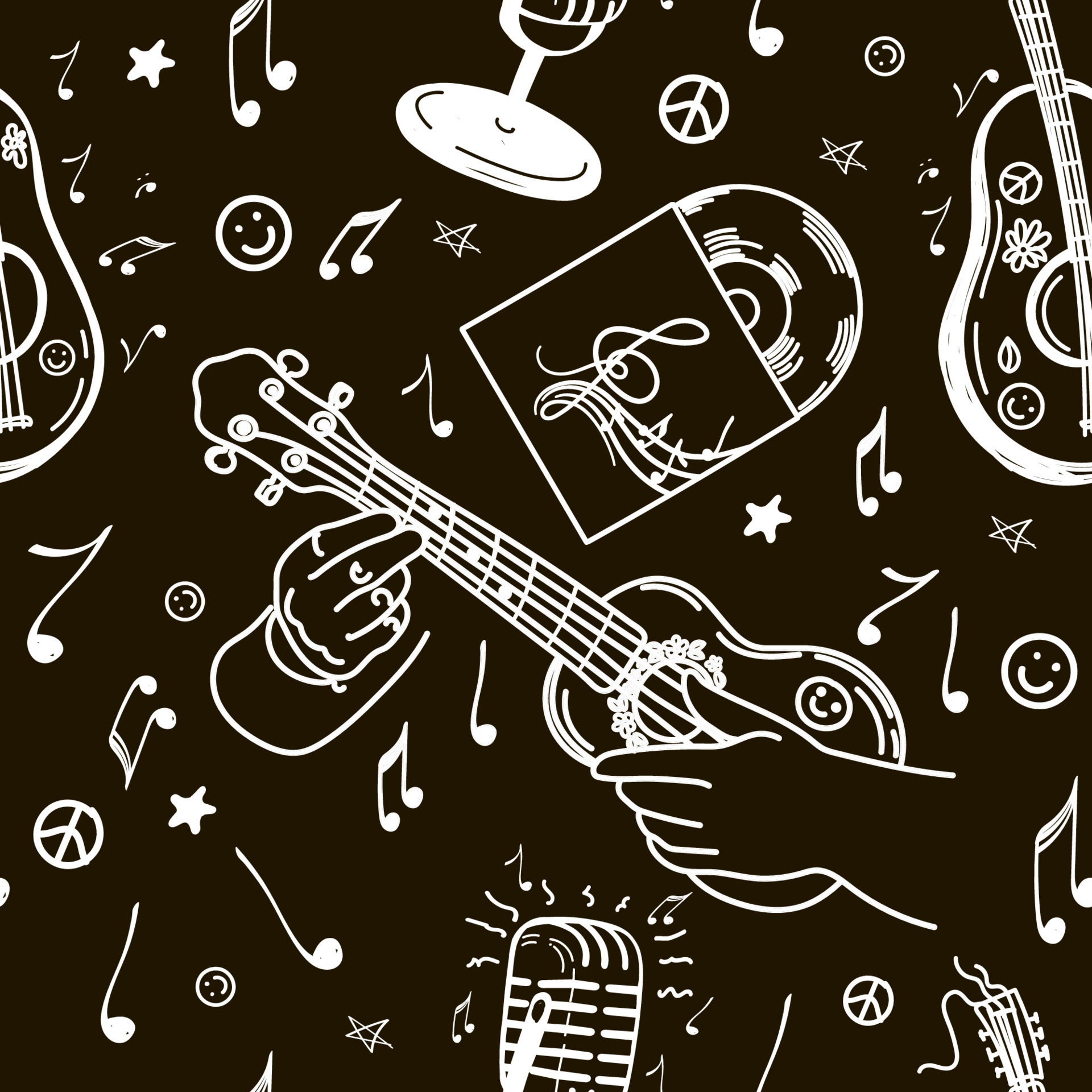 Seamless pattern of musical elements, hand-drawn doodle. Ukulele. Microphone. Small guitar. A vinyl record. A hit. Flying notes. Music. Inspiration. Fingering. Black and white background 10579534 Vector Art at Vecteezy Seamless pattern of musical elements, hand-drawn doodle. Ukulele. Microphone. Small guitar. A vinyl record. A hit. Flying notes. Music. Inspiration. Fingering. Black and white background 10579534 Vector Art at Vecteezy