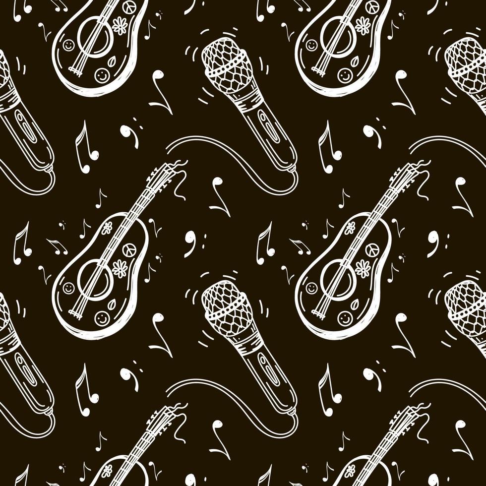 Seamless drawing of a microphone, music key, and notes. Hand-drawn doodle elements. on black background. Music pattern, vector illustration
