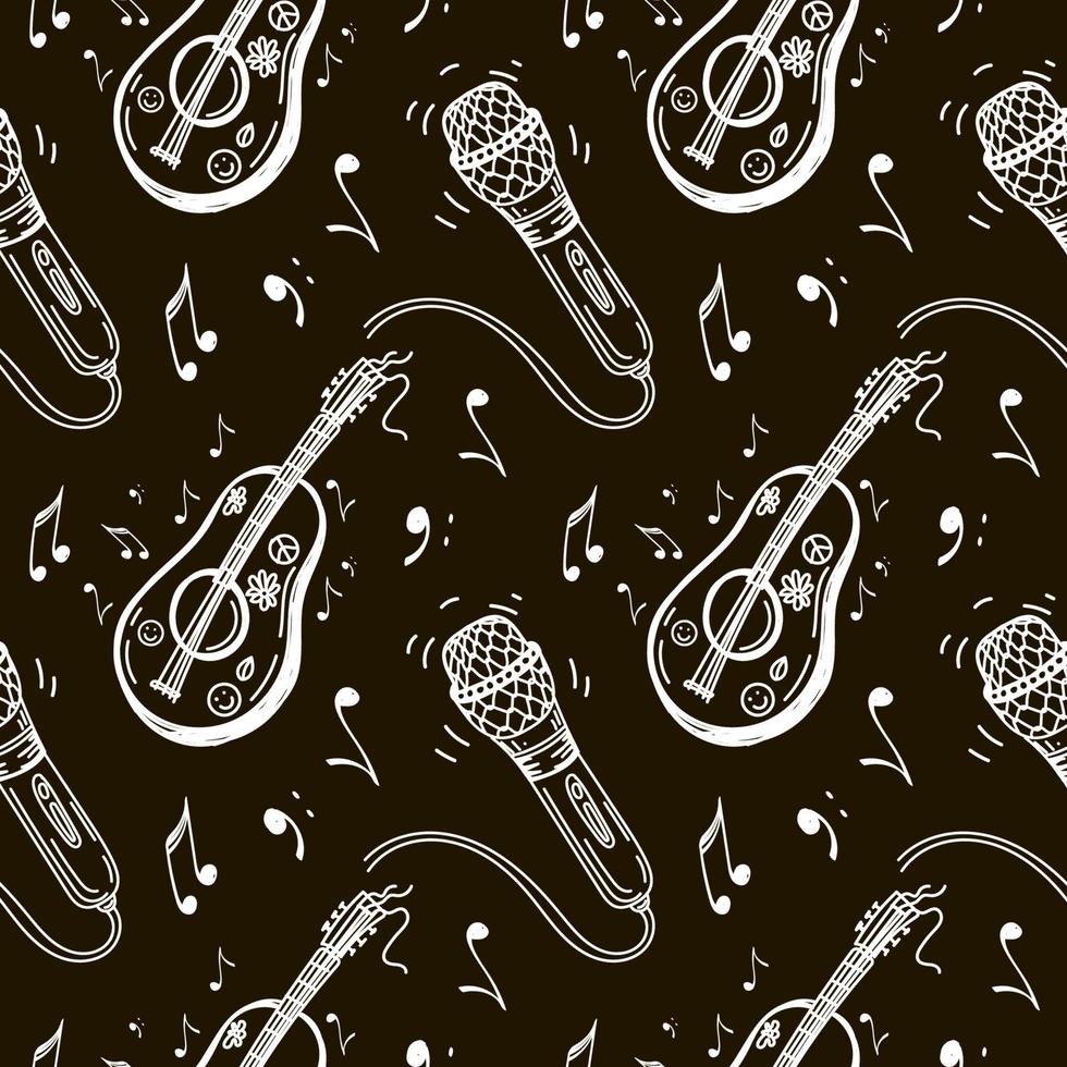 Seamless drawing of a microphone, music key, and notes. Hand-drawn doodle elements. on black background. Music pattern, vector illustration