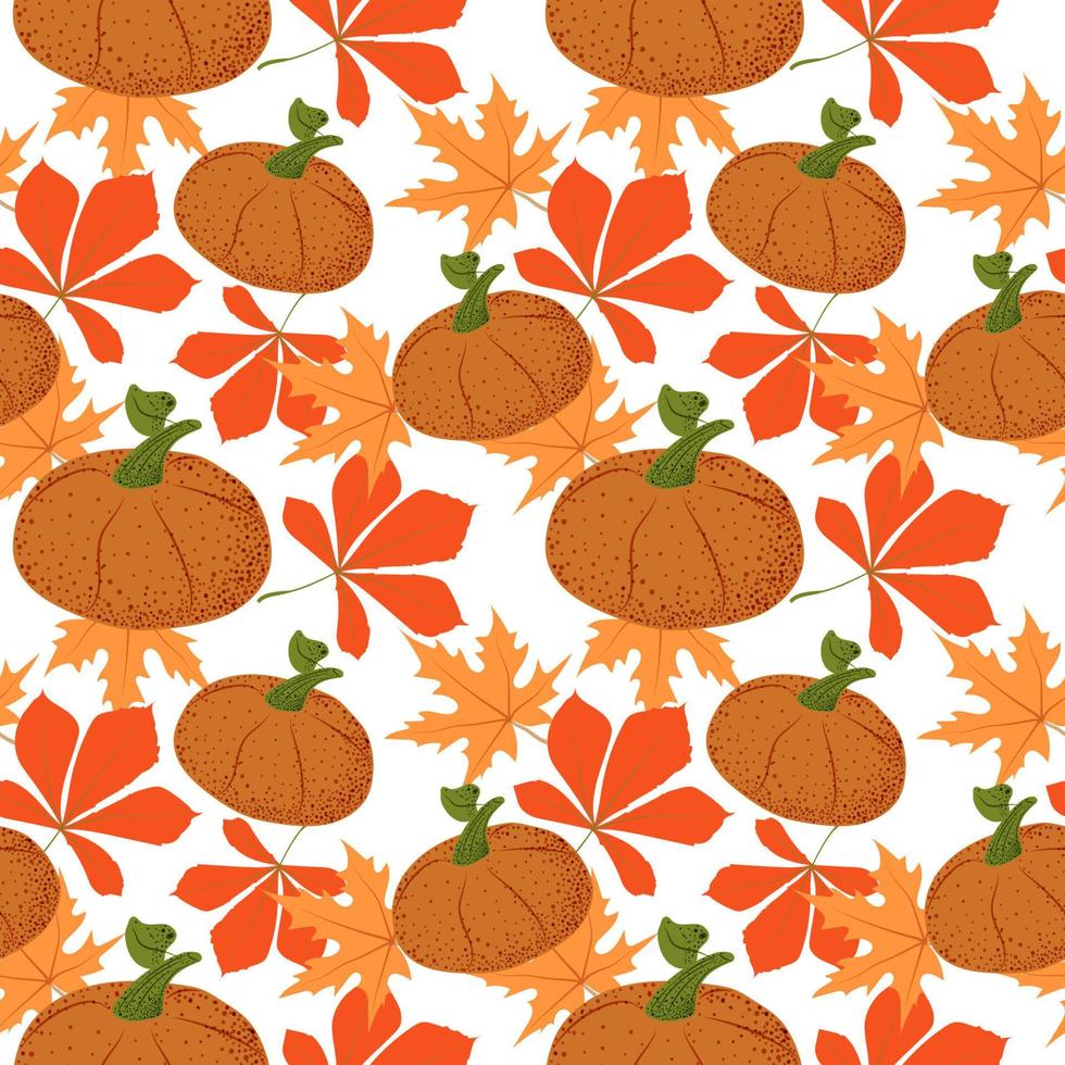 Seamless pattern of stylized orange pumpkins and autumn leaves on a light background. Flat vector style. Halloween. Autumn. Bright pumpkins. Thanksgiving. Suitable for textiles and packaging