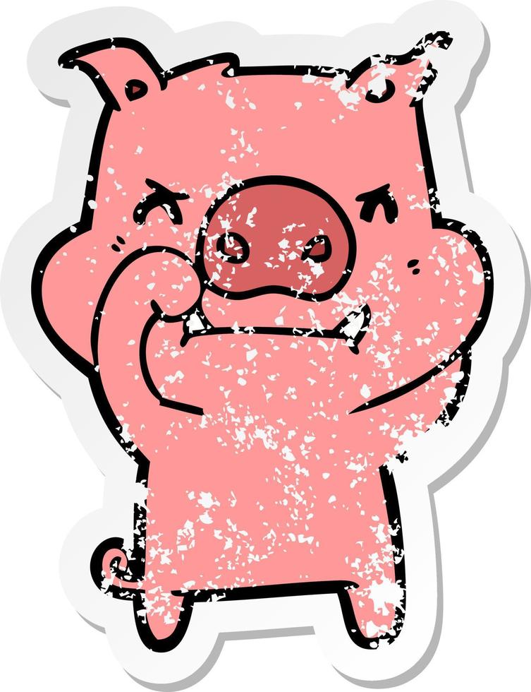 distressed sticker of a angry cartoon pig vector