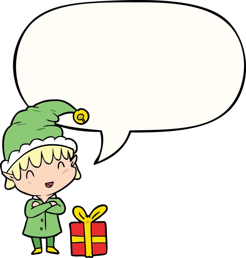 cartoon happy christmas elf and speech bubble vector