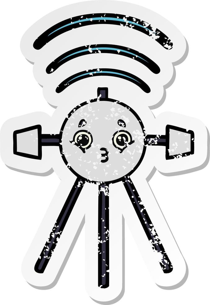 distressed sticker of a cute cartoon satellite vector