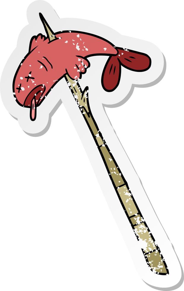 distressed sticker of a cartoon fish speared vector