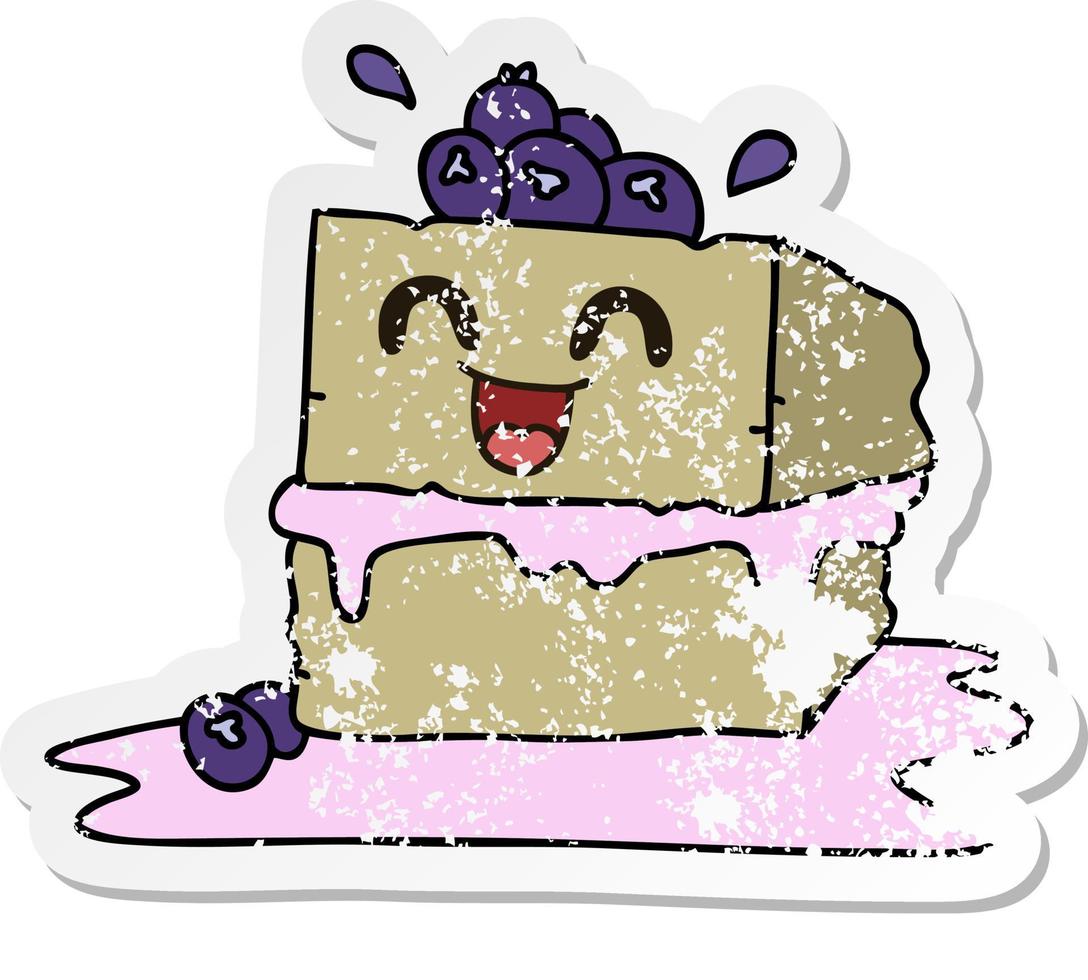 distressed sticker of a quirky hand drawn cartoon happy cake slice vector
