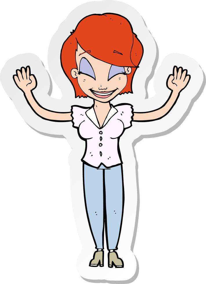 sticker of a cartoon pretty woman with hands in air vector