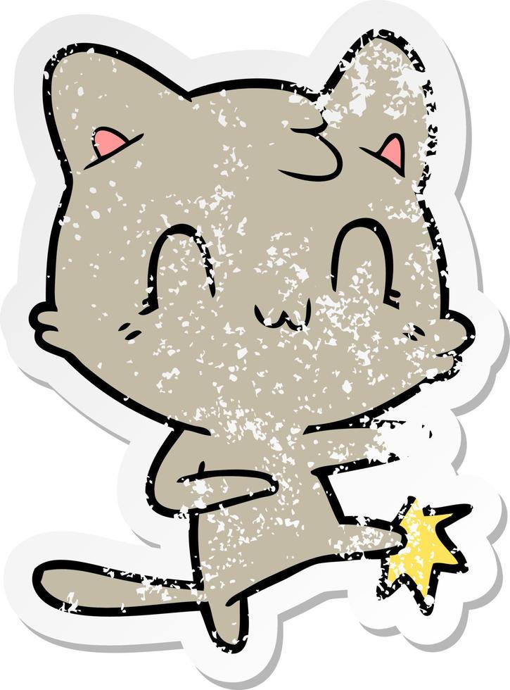 distressed sticker of a cartoon happy cat karate kicking vector