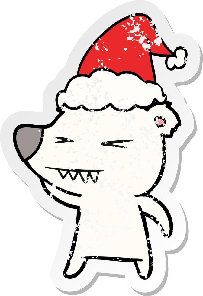 angry polar bear distressed sticker cartoon of a wearing santa hat vector