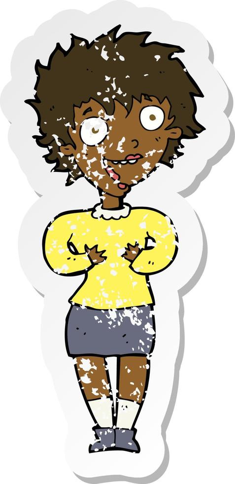 retro distressed sticker of a cartoon excited woman vector