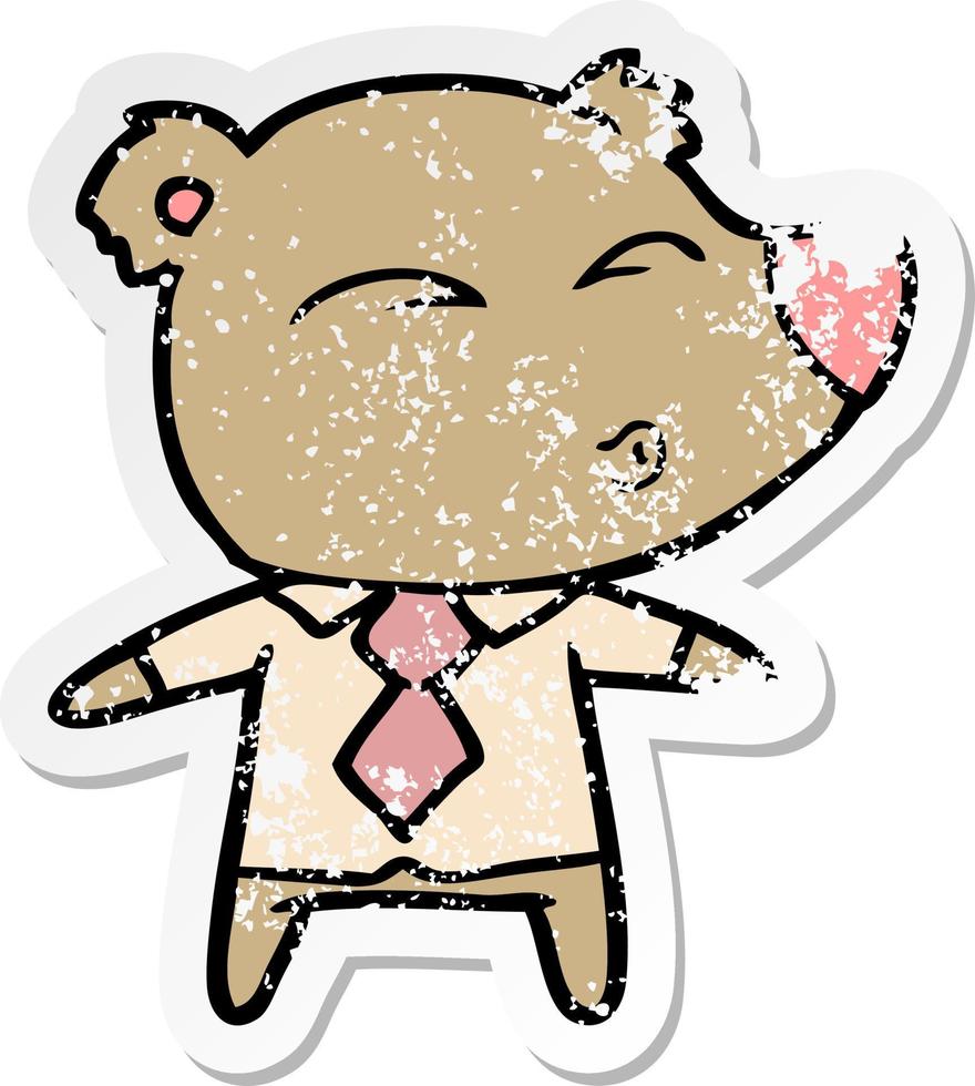 distressed sticker of a cartoon whistling bear boss vector