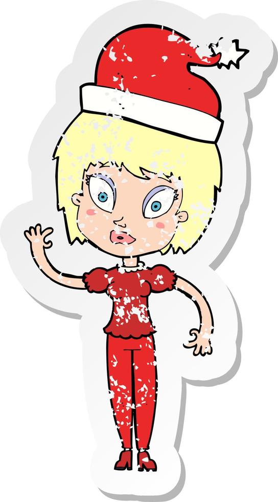 retro distressed sticker of a cartoon woman ready for christmas vector