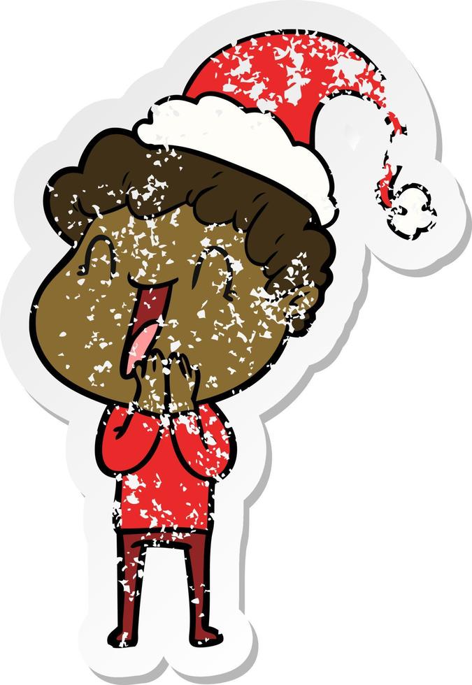 distressed sticker cartoon of a happy man wearing santa hat vector