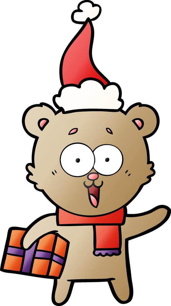 laughing teddy  bear with christmas present wearing santa hat vector