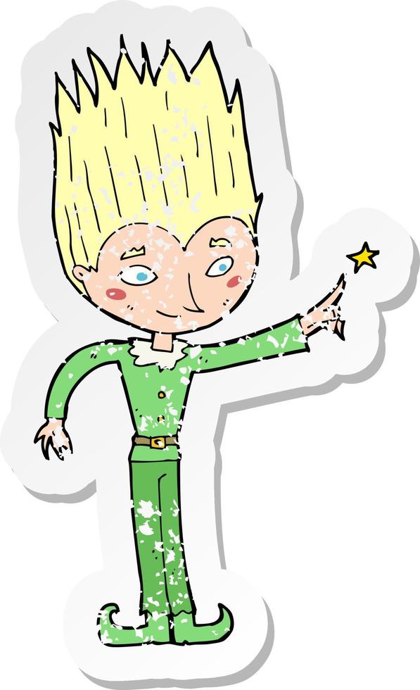 retro distressed sticker of a cartoon magic christmas elf vector