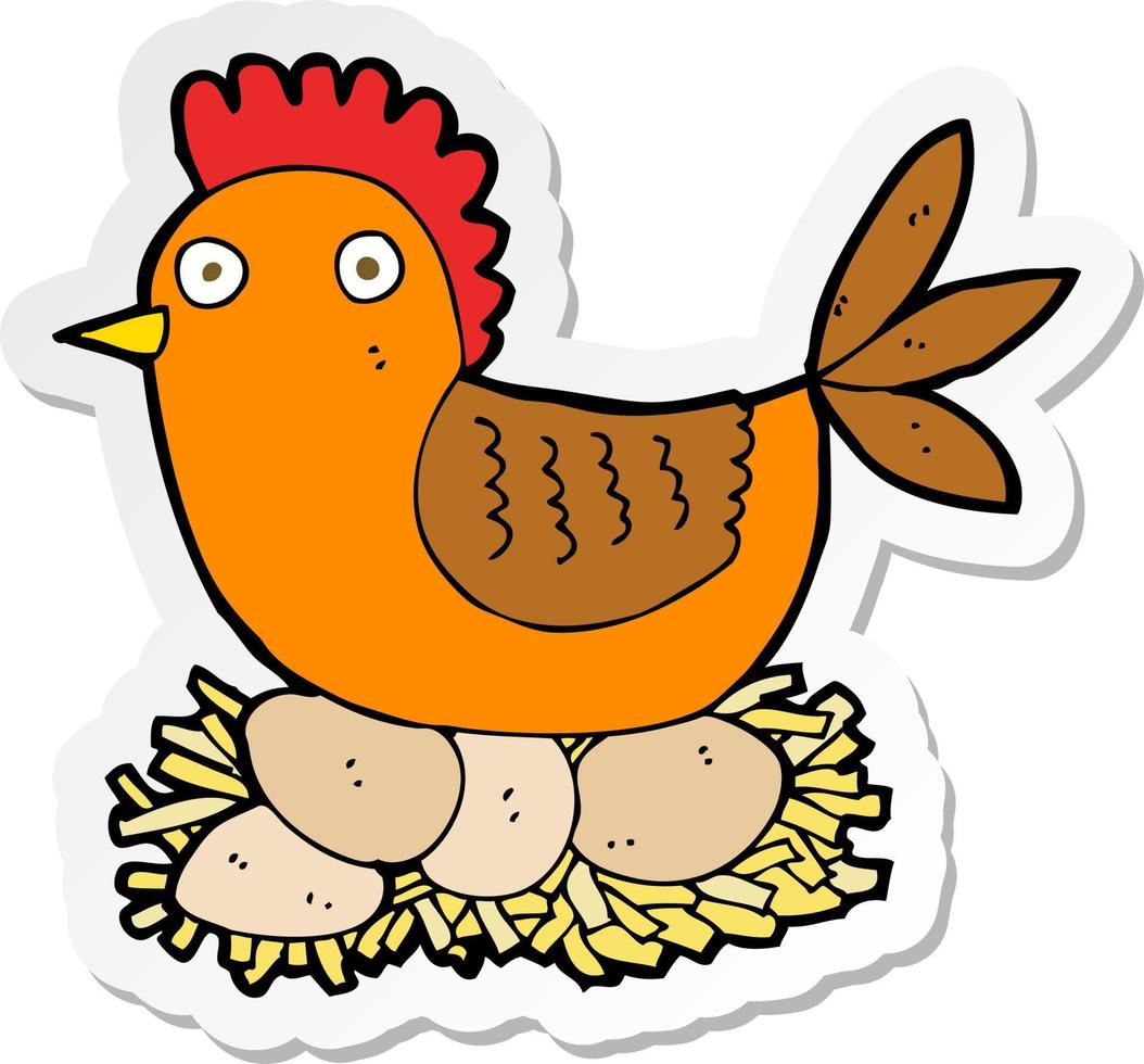 sticker of a cartoon hen on eggs vector